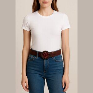 FOSSIL Tooled Leather Belt Brown Painted Concho Buckle Festival Fall Siz